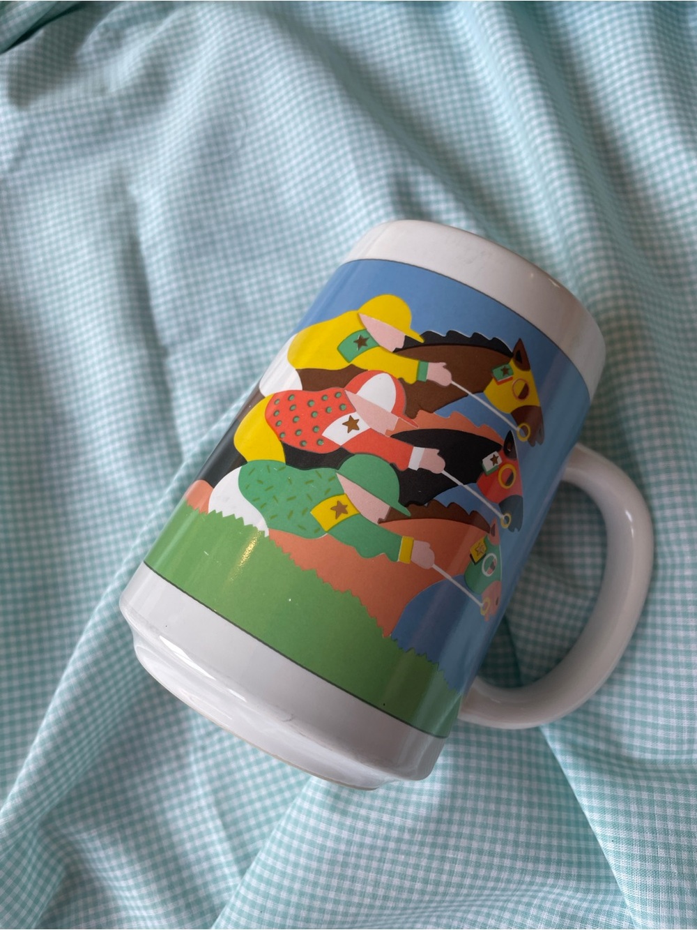 Otagiri Vintage Ceramic Mug with Multicolor Jockeys on Blue Field race horse mcm